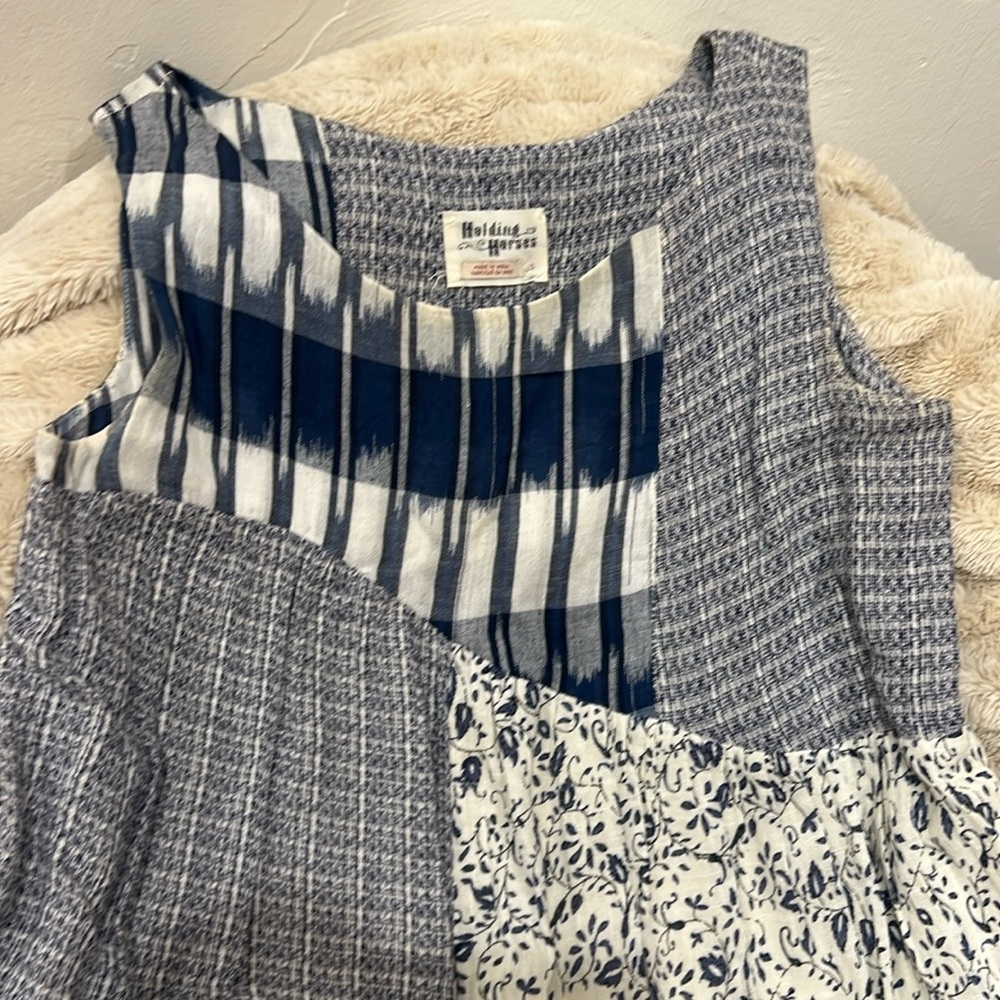 Patchwork design blue and cream dress